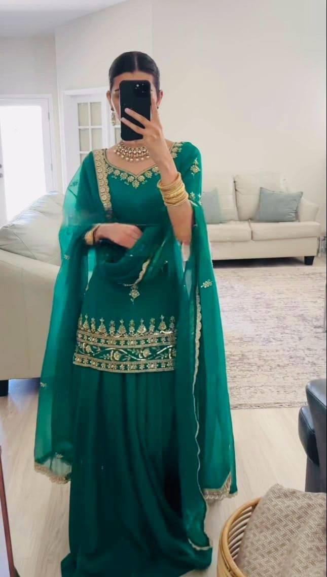 Yash Enterprise Green Natural Crep Embroidery Party Wear Suit Set