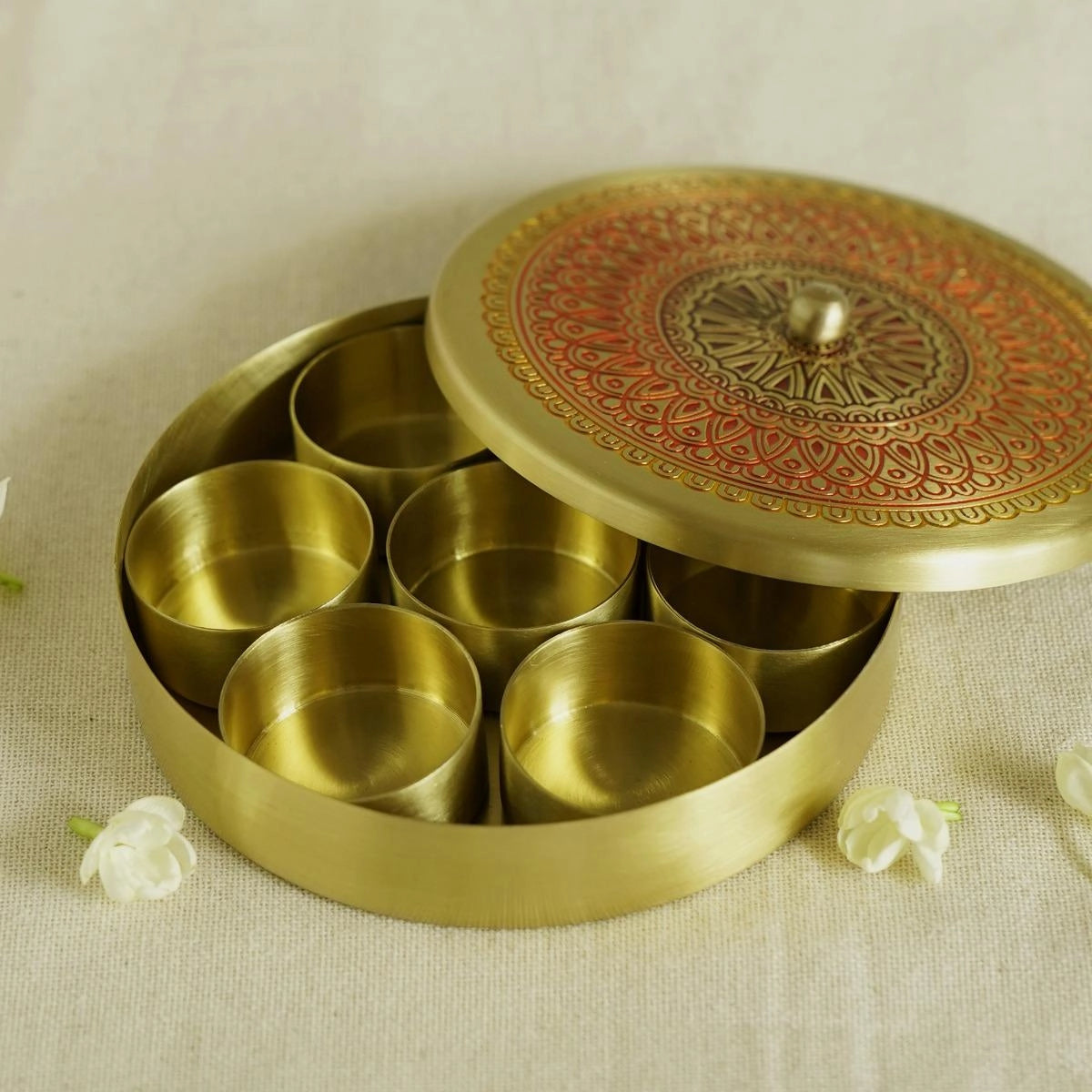 Isha Life Hand-Enamelled Brass Condiment Box with 7 Containers