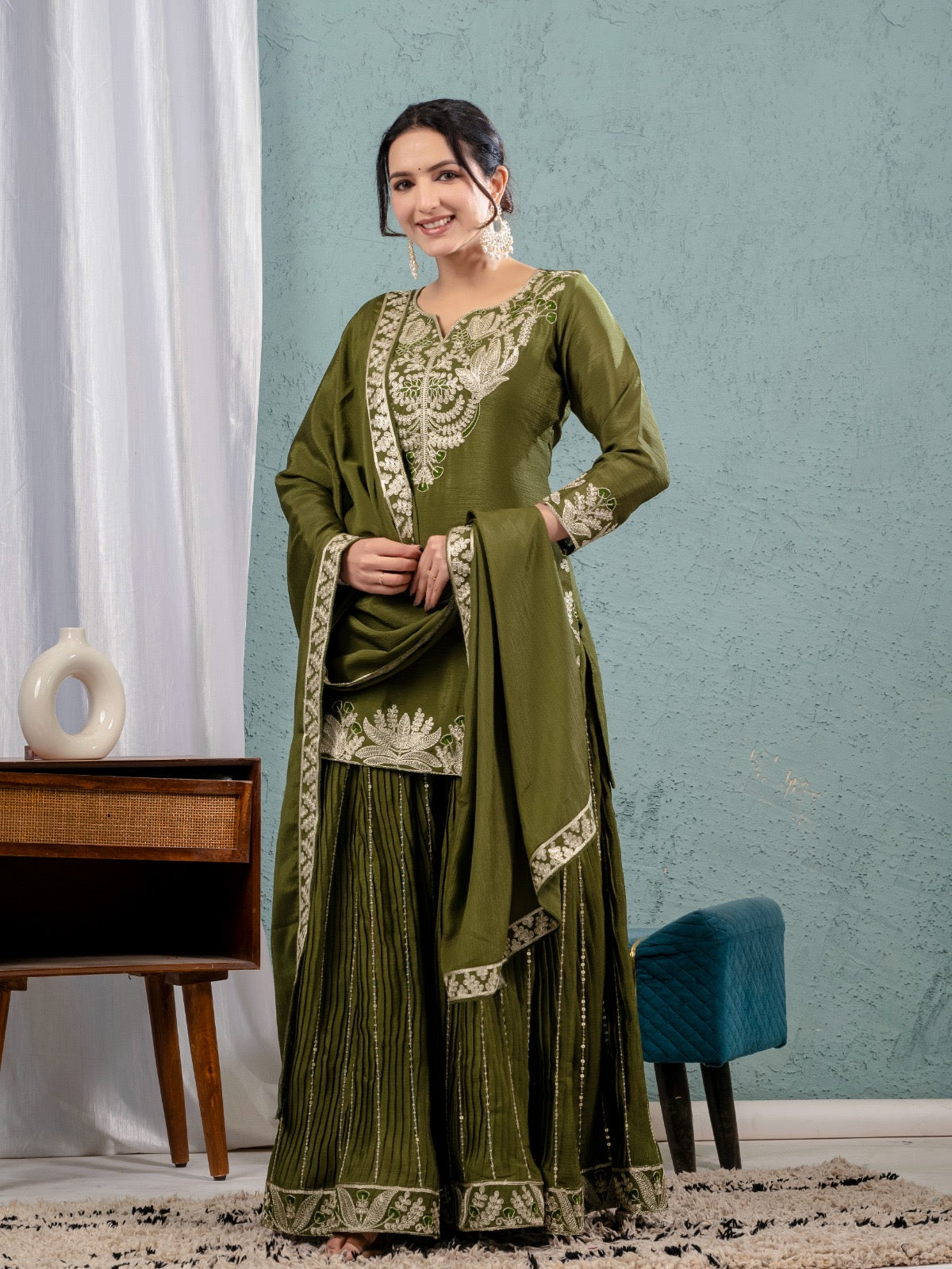 Yash Enterprise Green Chinon Silk Embroidery Party Wear Suit Set