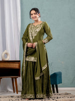 Thumbnail for Yash Enterprise Green Chinon Silk Embroidery Party Wear Suit Set