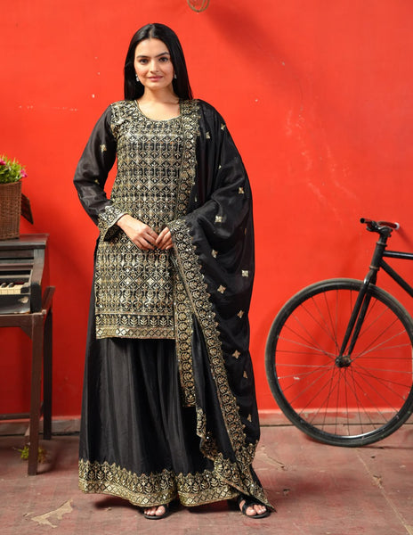 Yash Enterprise Black Chinon Silk Party Wear Embroidery Party Wear Suit Set