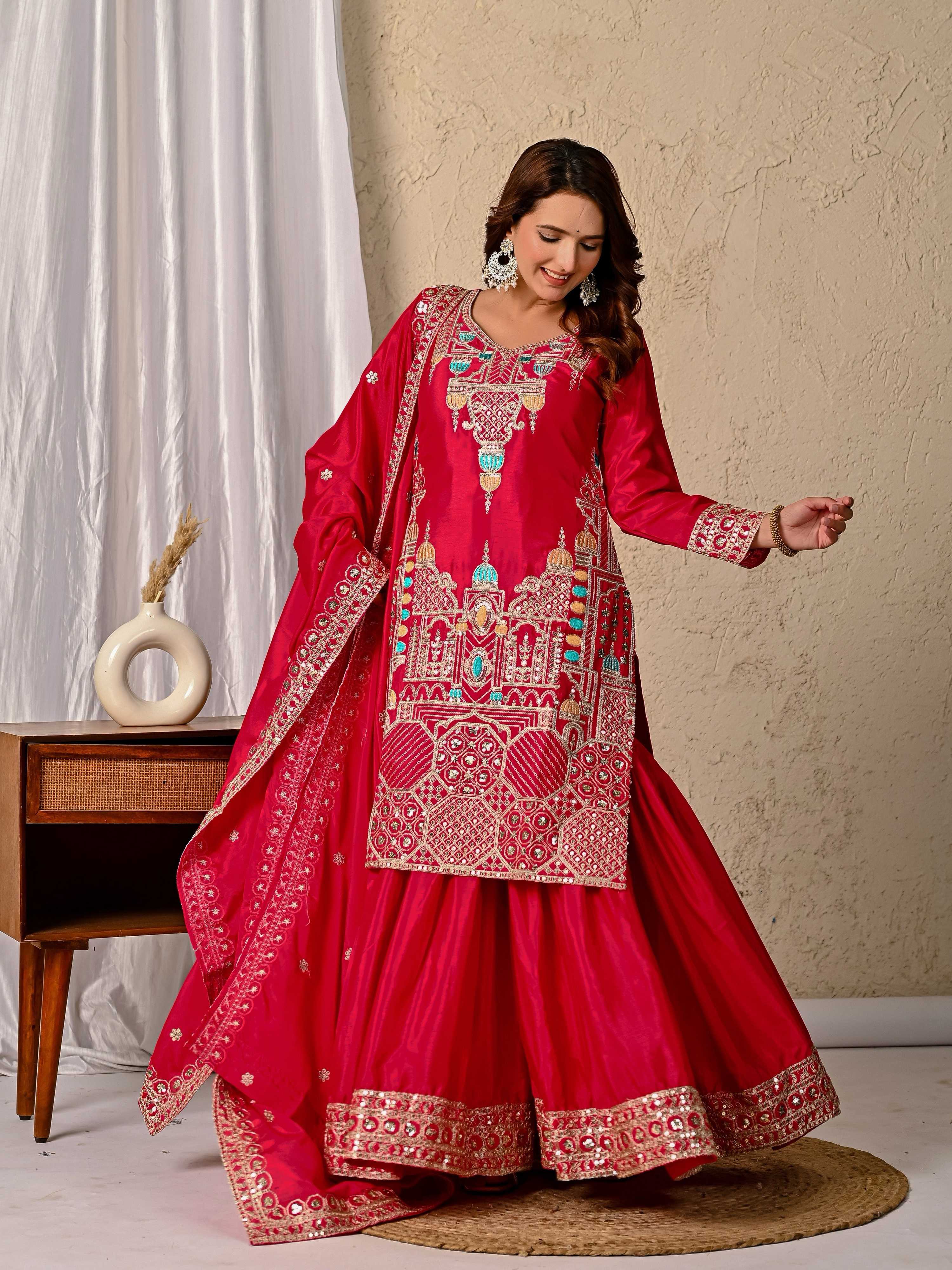 Yash Enterprise Red Chinnon Silk Embroidery Party Wear Suit Set
