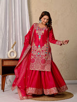 Thumbnail for Yash Enterprise Red Chinnon Silk Embroidery Party Wear Suit Set
