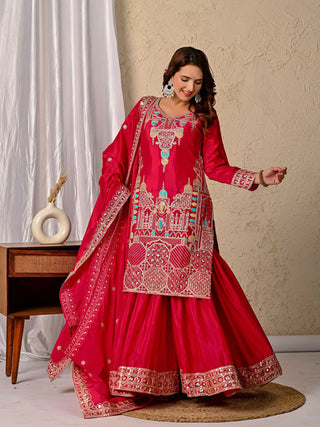 Yash Enterprise Red Chinnon Silk Embroidery Party Wear Suit Set