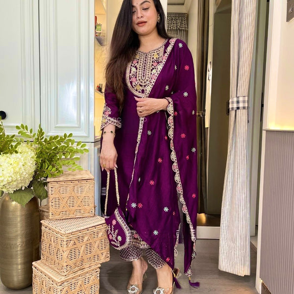 Yash Enterprise Wine Chinon Silk Embroidery Party Wear Suit Set