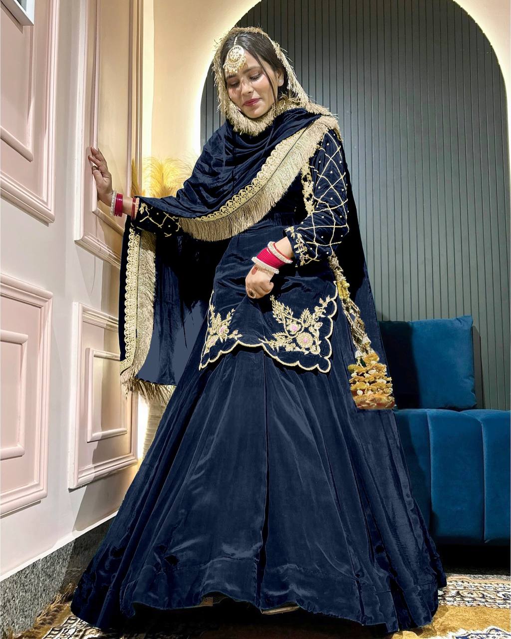 Yash Enterprise Navy Blue Natural Crep Silk Full Sleeve Top Lehengha