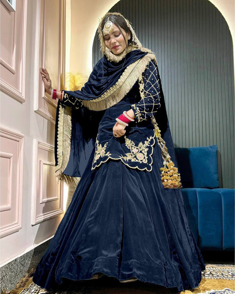 Yash Enterprise Navy Blue Natural Crep Silk Full Sleeve Top Lehengha