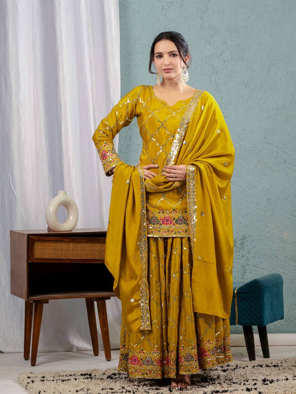 Yash Enterprise Yellow Georgette Embroidery Party Wear Suit Set