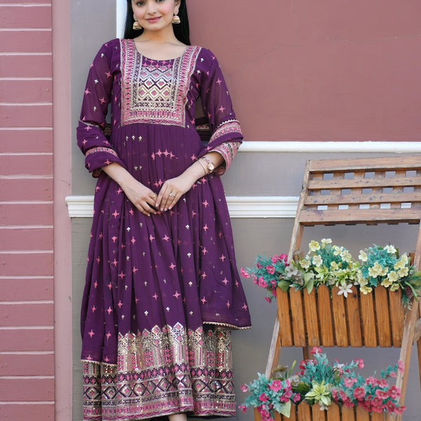 Yash Enterprise Wine Georgette Party Wear Embroidery Party Wear Suit Set