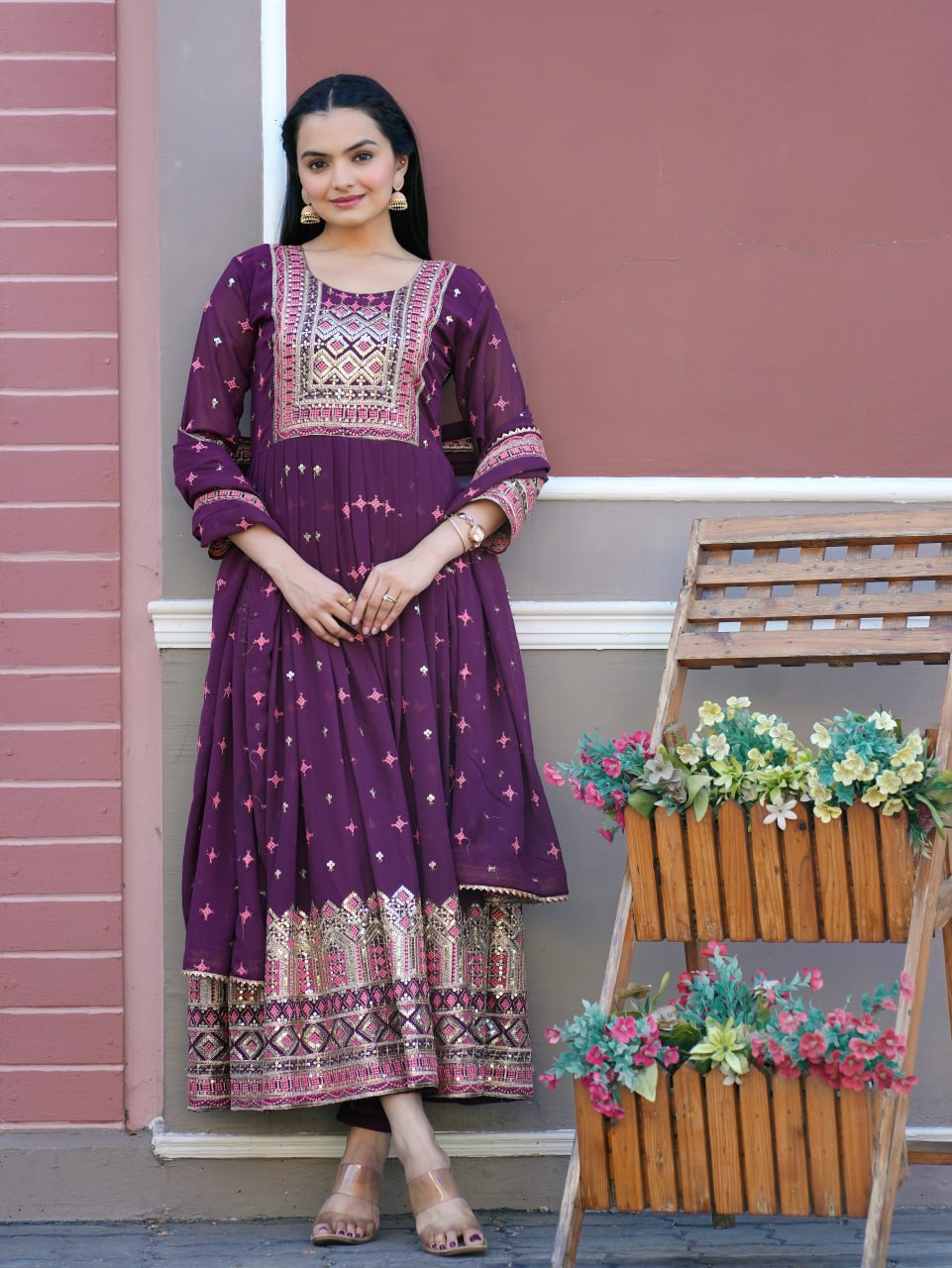 Yash Enterprise Wine Georgette Party Wear Embroidery Party Wear Suit Set - Distacart