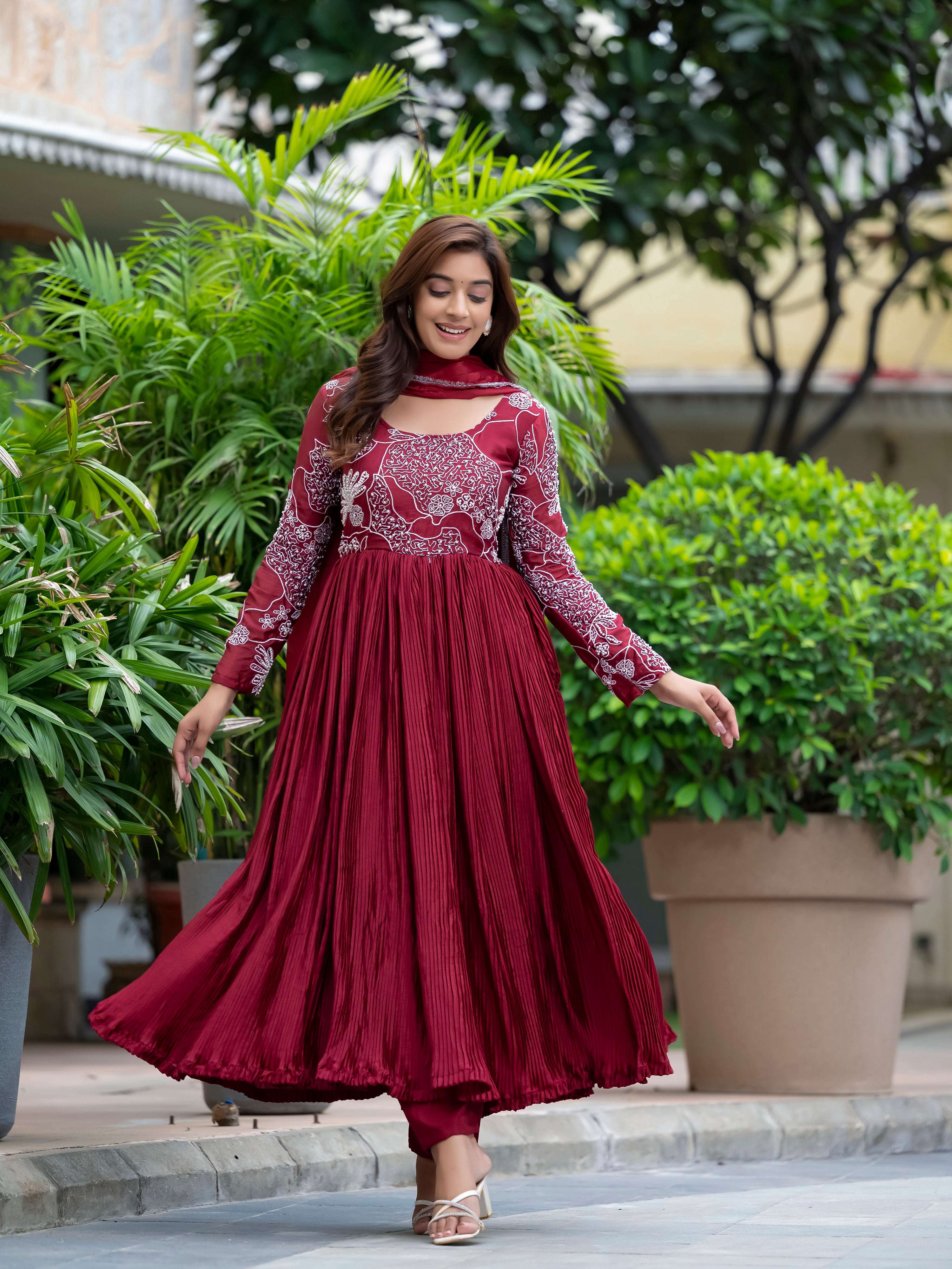 Yash Enterprise Maroon Chinon Silk Party Wear Embroidery Suit Set