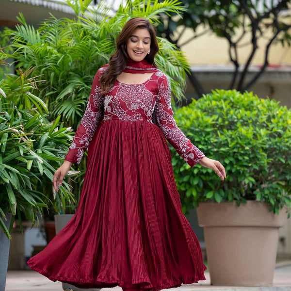 Yash Enterprise Maroon Chinon Silk Party Wear Embroidery Suit Set