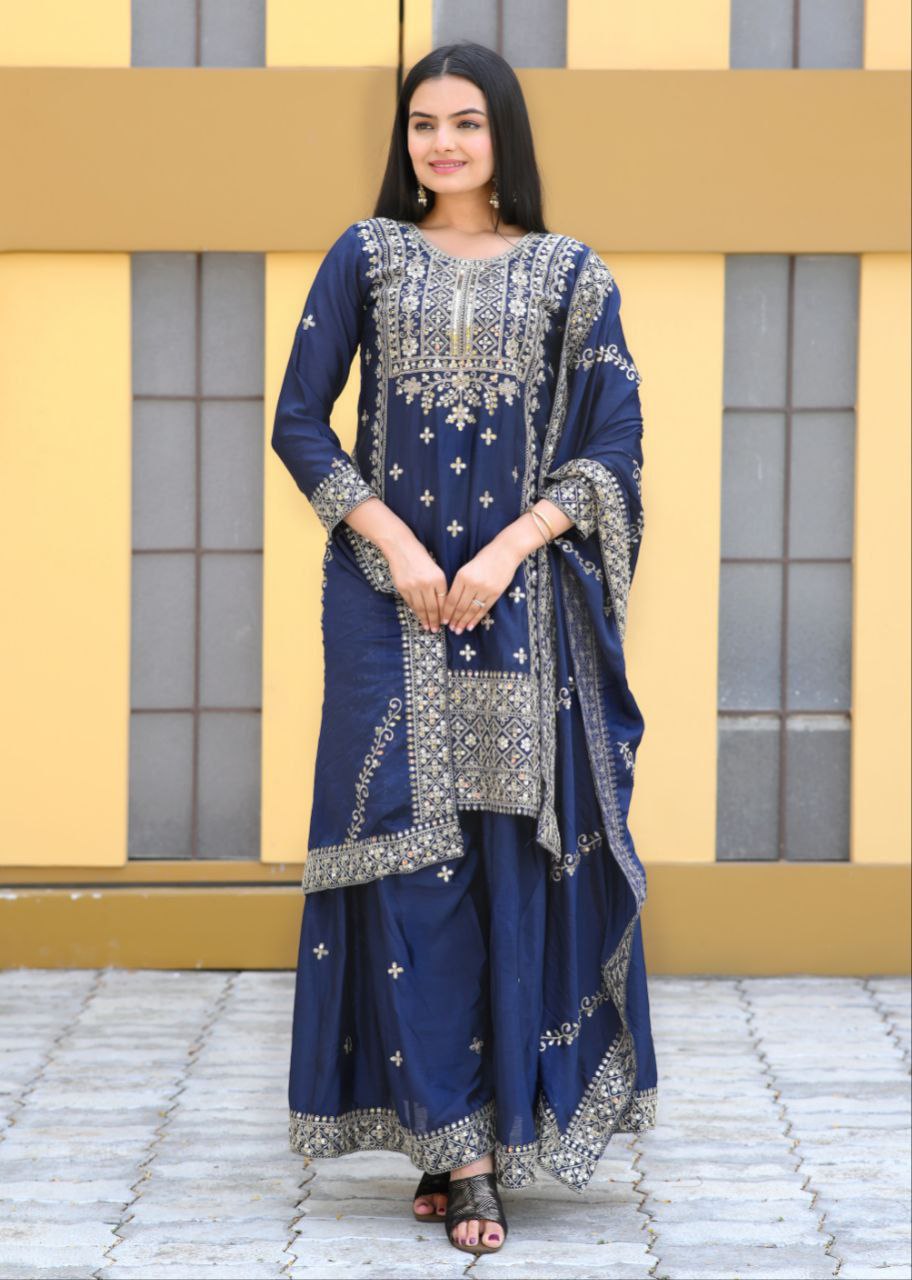 Yash Enterprise Alluring Chinon Silk Navy Blue Embroidery Work Readymade Salwar Suit