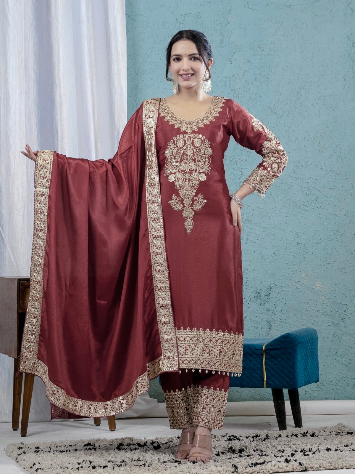 Yash Enterprise Maroon Chinon Silk Party Wear Embroidery Suit Set