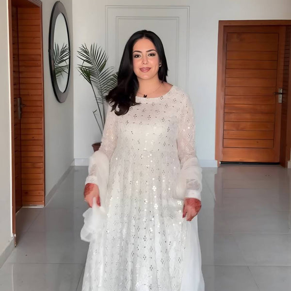 Yash Enterprise White Faux Blooming Party Wear Embrodery Suit Set