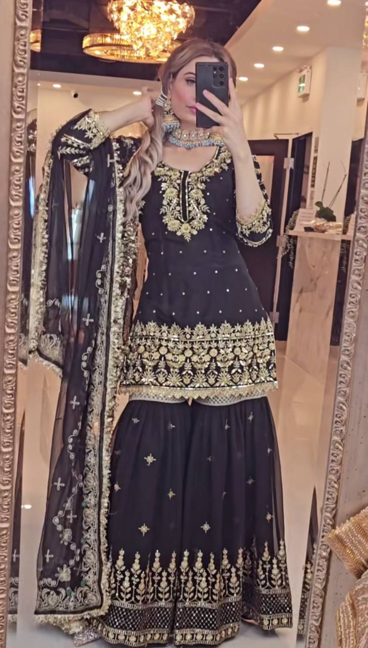 Yash Enterprise Black Faux Georgette Embroidery Party Wear Suit Set