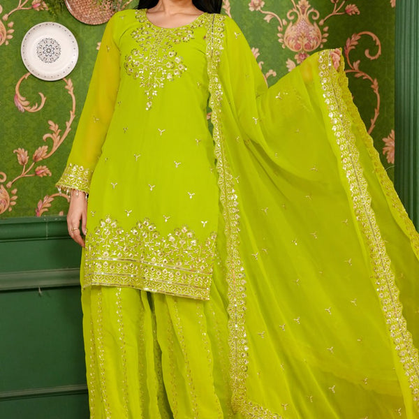 Yash Enterprise Green Georgette Party Wear Embroidery Party Wear Suit Set