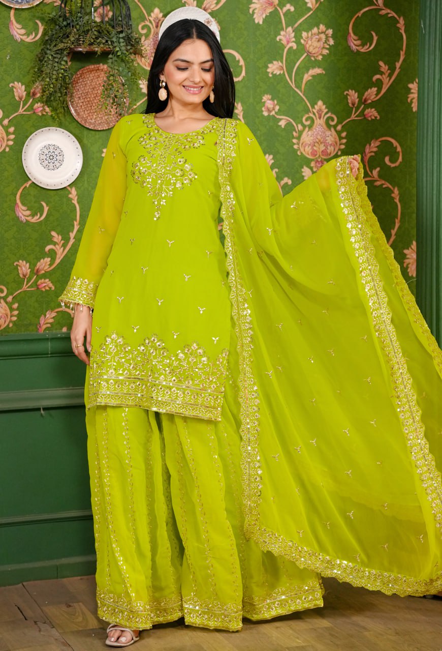 Yash Enterprise Green Georgette Party Wear Embroidery Party Wear Suit Set