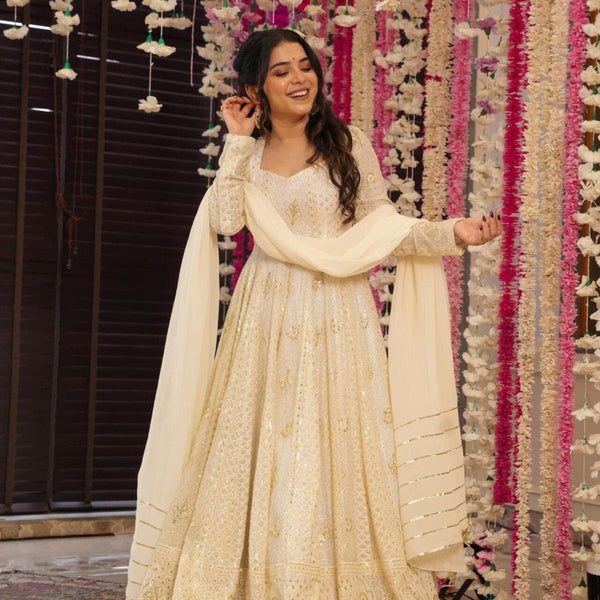 Yash Enterprise Cream Georgette Embroidery Paert Wear Suit Set