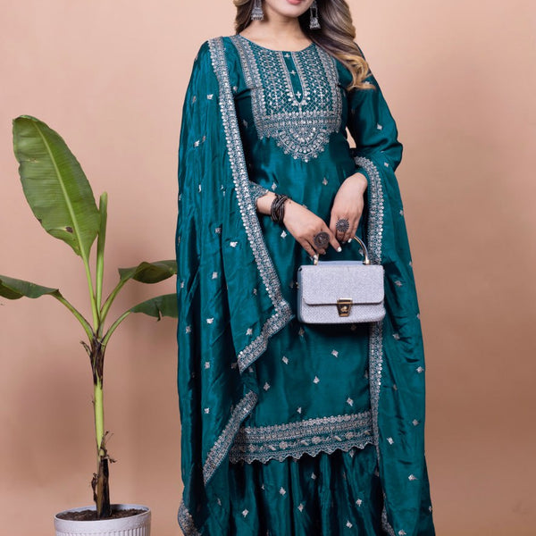 Yash Enterprise Rama Green Chinon Silk Embroidery Party Wear Suit Set