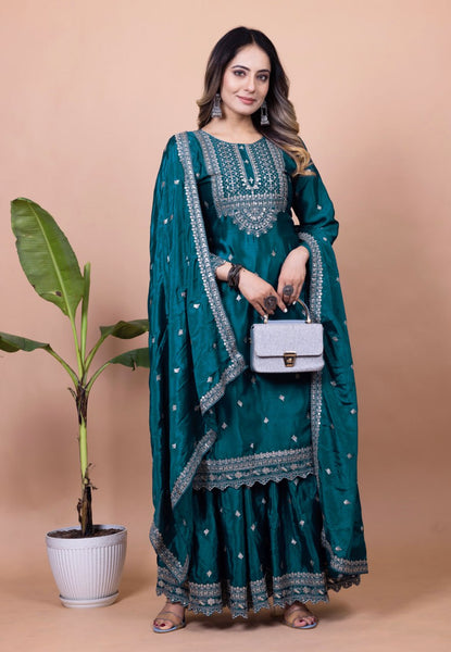 Yash Enterprise Rama Green Chinon Silk Embroidery Party Wear Suit Set