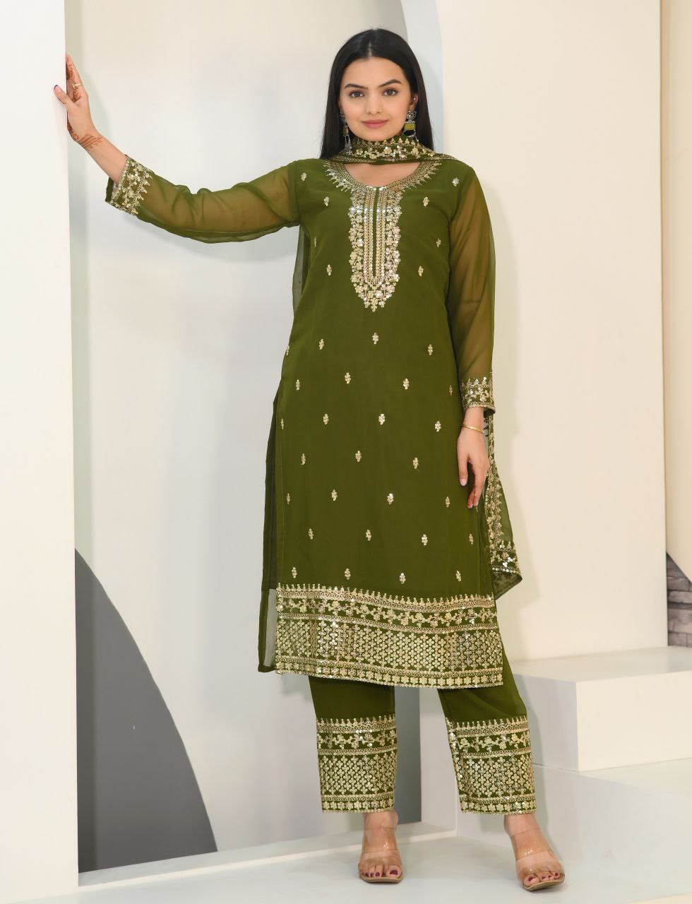 Yash Enterprise Alluring Fox Georgette Olive Embroidery Work Readymade Salwar Suit