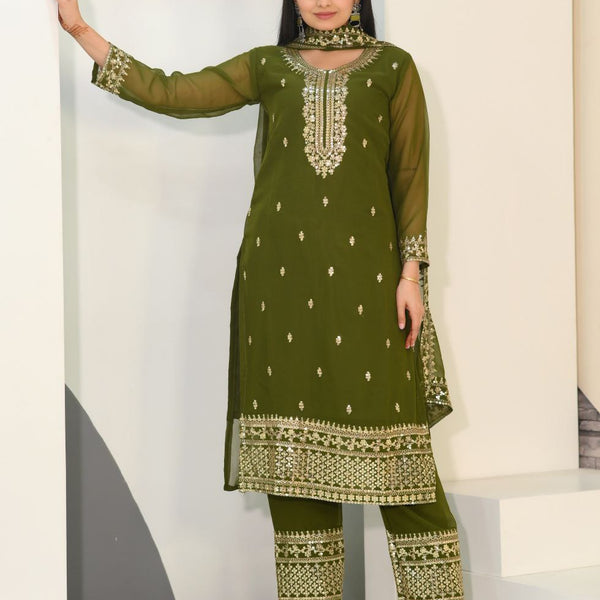 Yash Enterprise Alluring Fox Georgette Olive Embroidery Work Readymade Salwar Suit