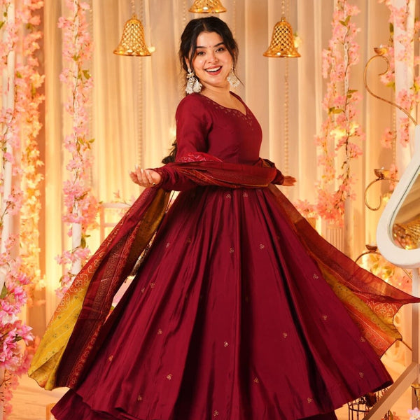 Yash Enterprise Festive Special Chinon Silk Partywear Designer Gown With Palazzo & Dupatta Set - Distacart