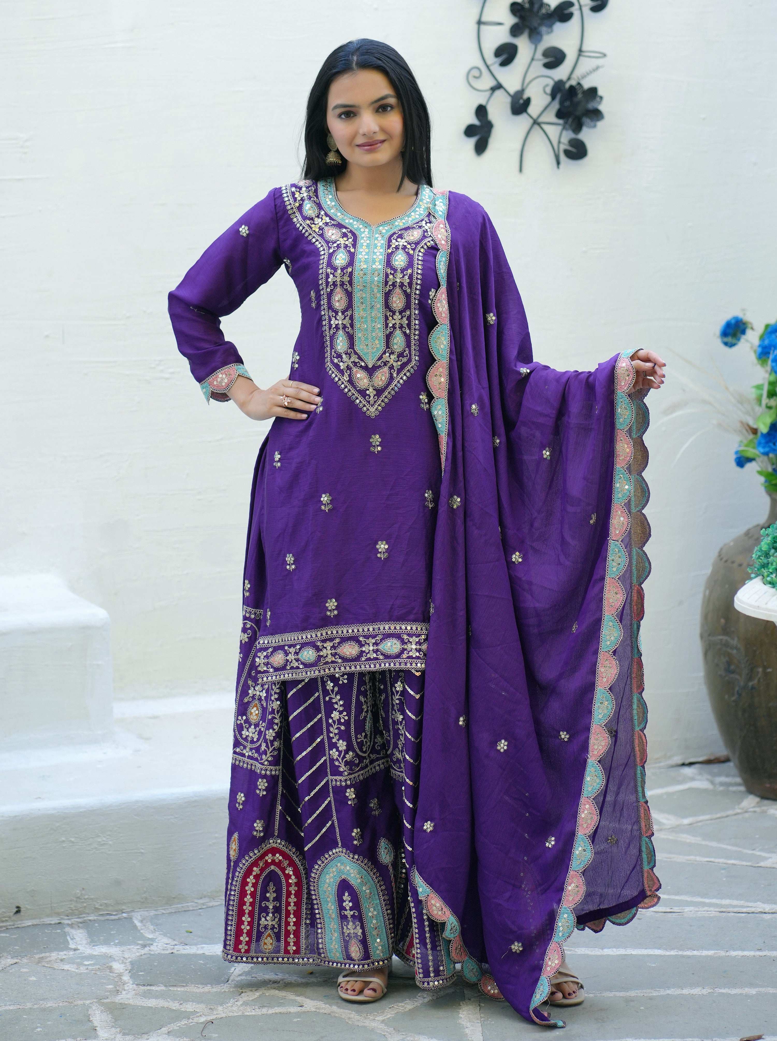 Yash Enterprise New Designer Embroidered Chinon With Sequence Blue Readymade Salwar Suit - Distacart