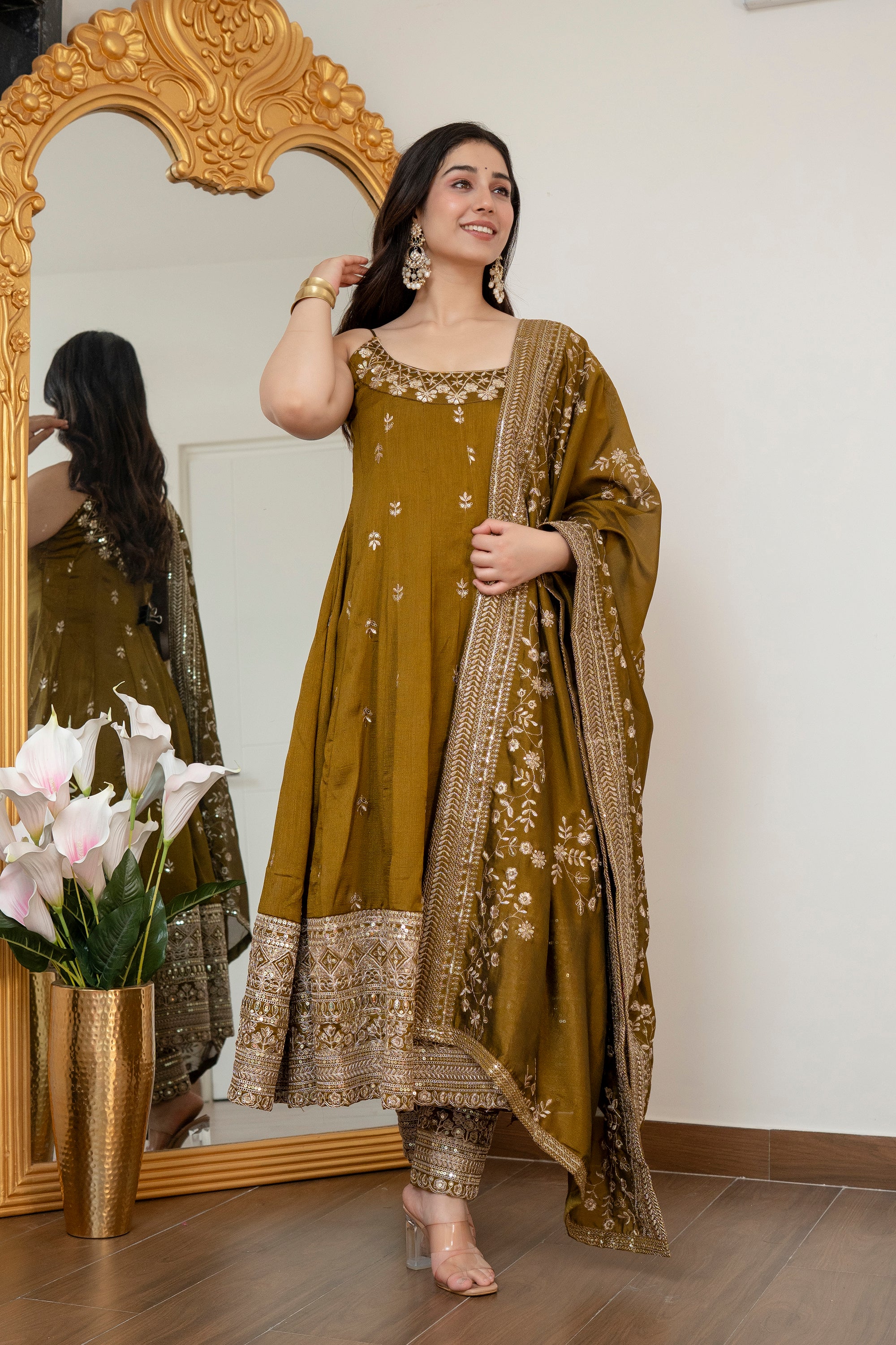 Yash Enterprise Mehndi Vichitra Silk Party Wear Embroidery Suit Set - Dista