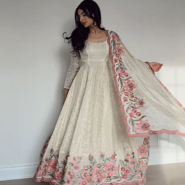 Yash Enterprise Off White Vichitra Silk Embroidery Party Wear Suit