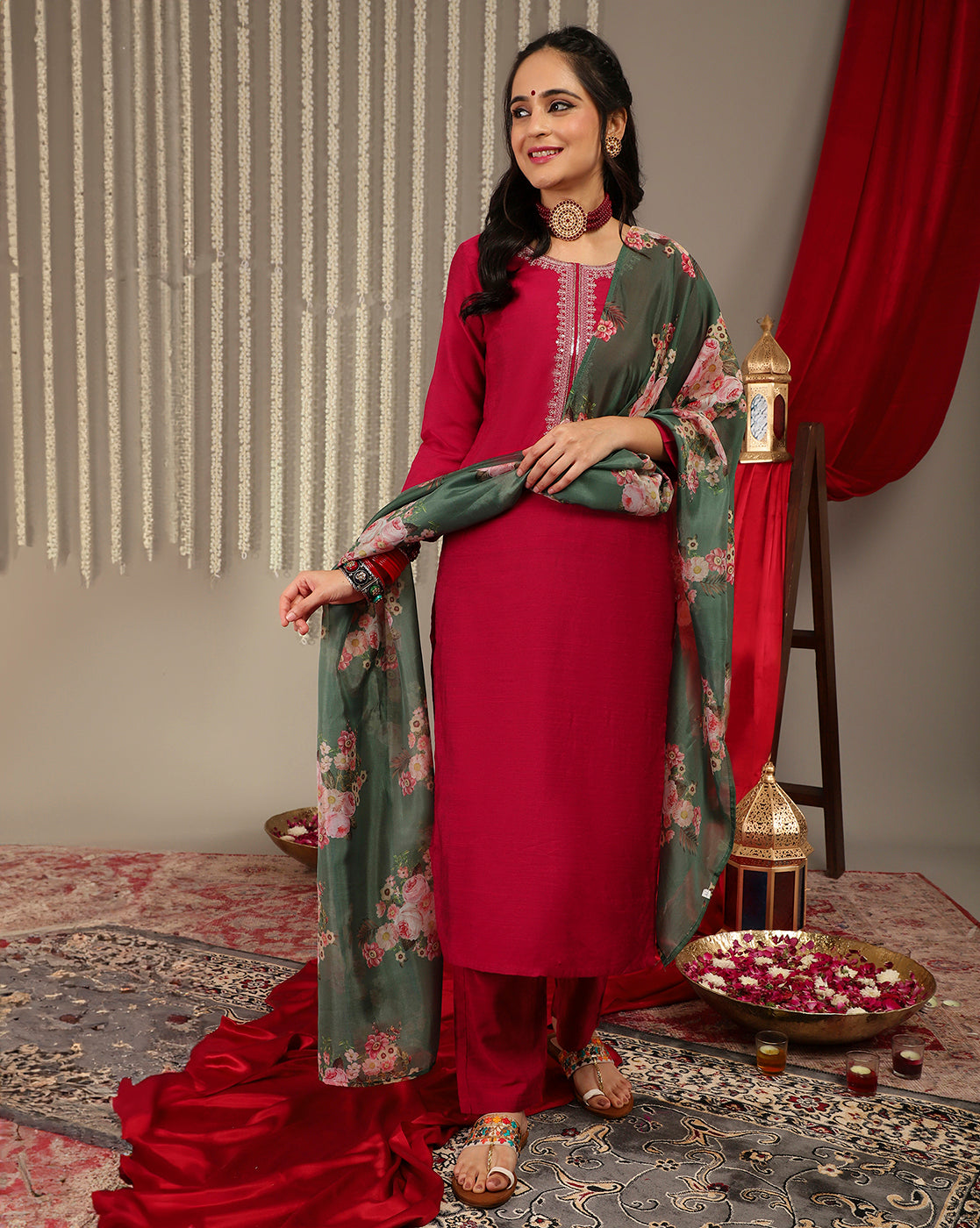Varanga Magenta Embroidered Kurta Paired With Straight Trouser And Digital Floral Printed Dupatta - Distacart