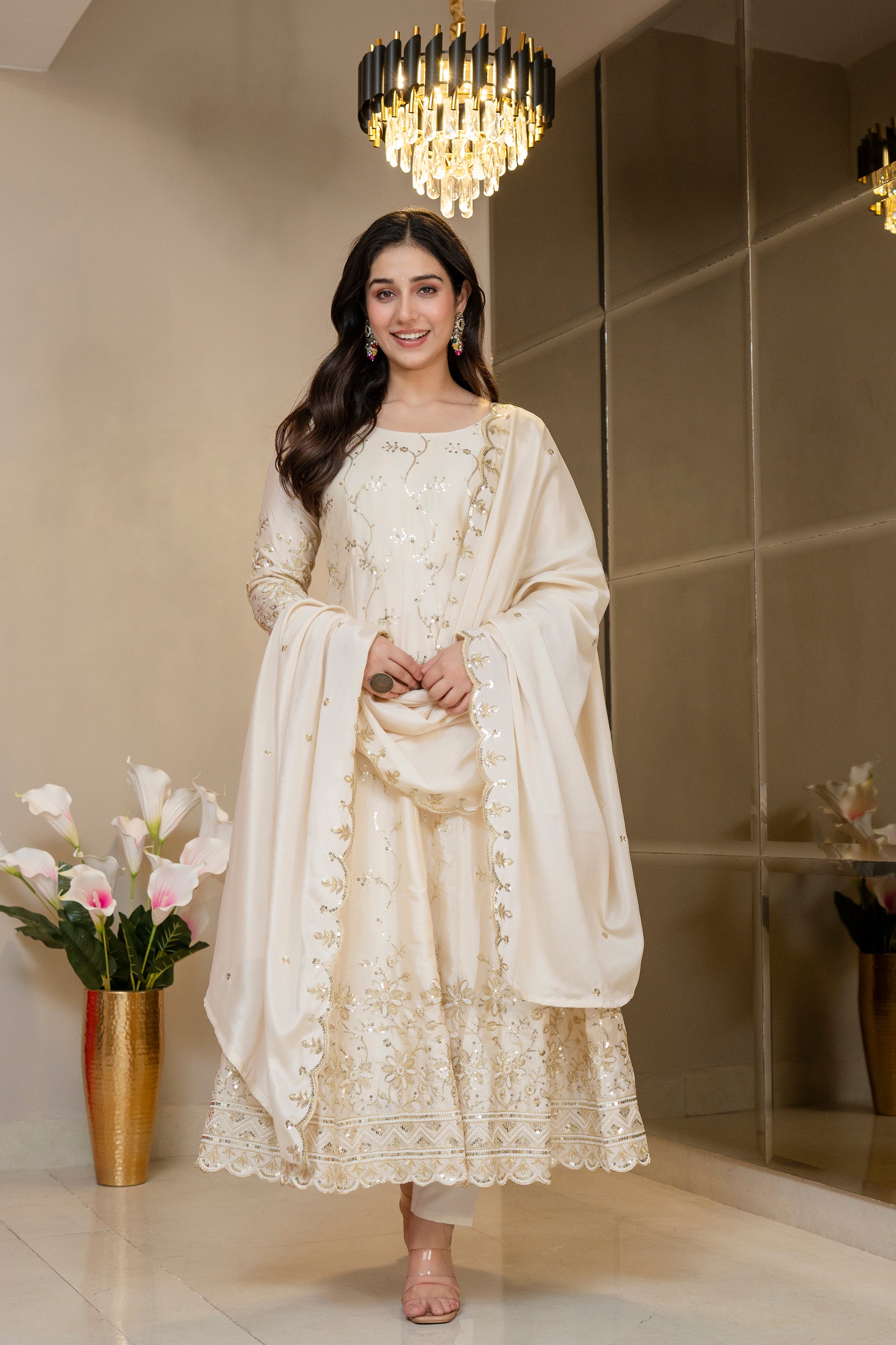 Yash Enterprise Cream Chinon Silk Party Wear Embroidery Suit Set - Dista