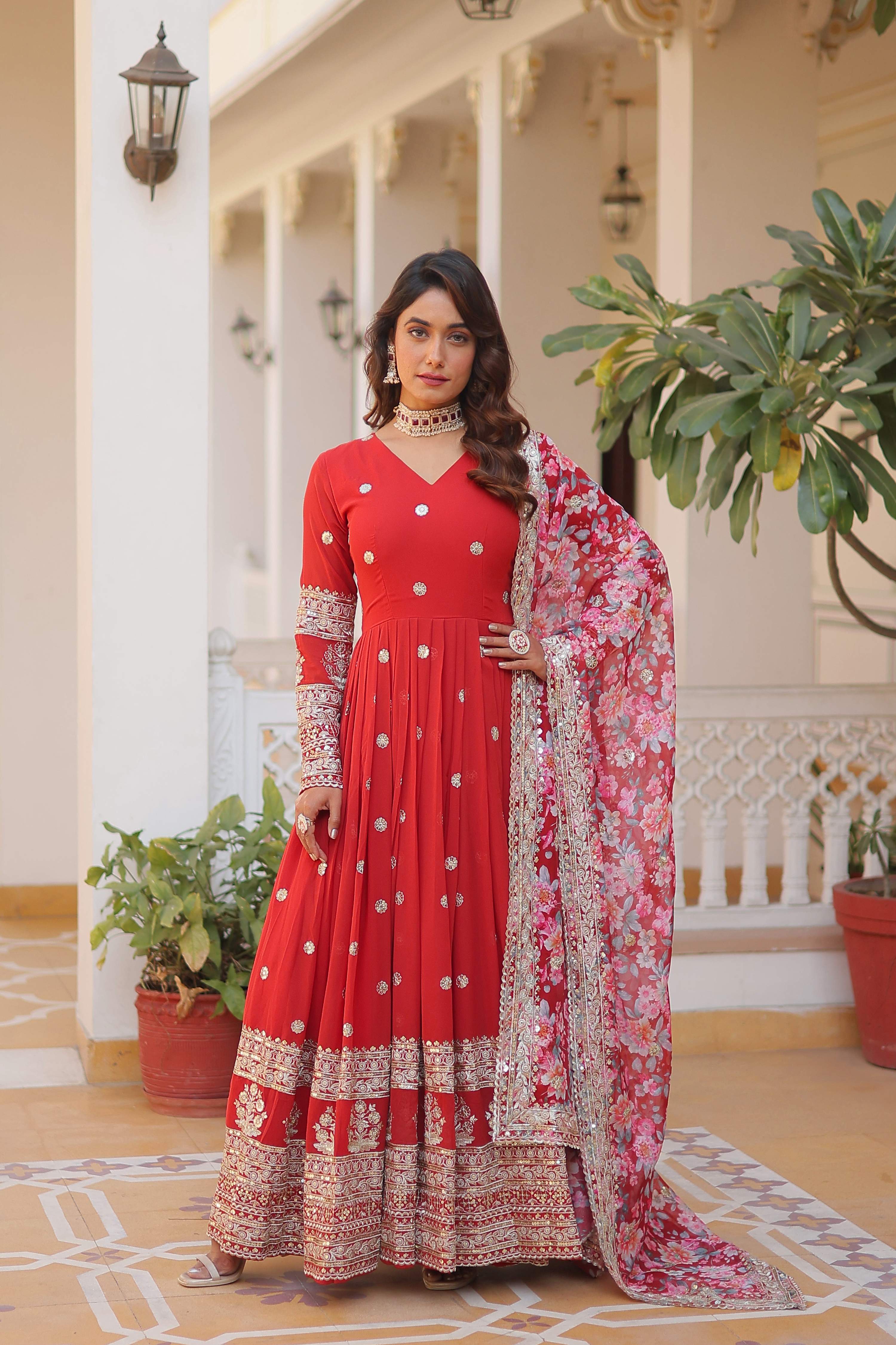 Yash Enterprise Red Georgette Embroidery Work Stiched Suit Set