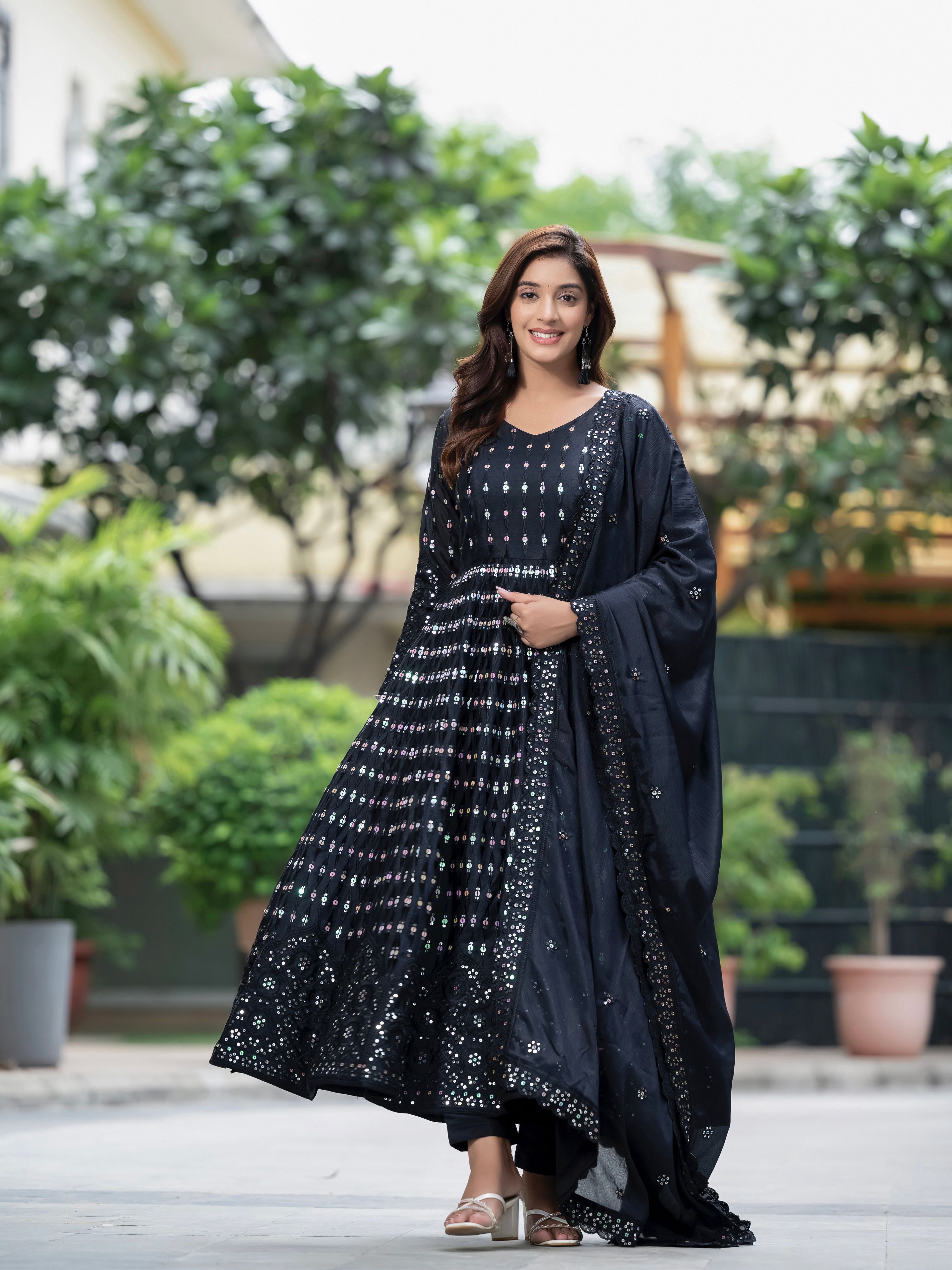 Yash Enterprise Black Chinon Silk Embroidery Party Wear Suit Set