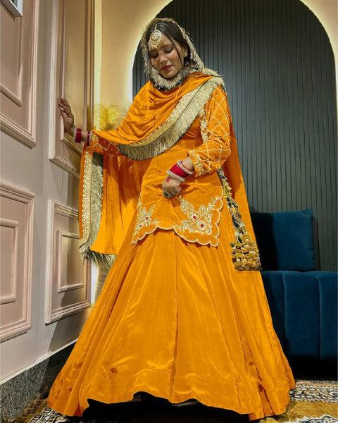 Yash Enterprise Yellow Natural Crep Silk Full Sleeve Top Lehengha