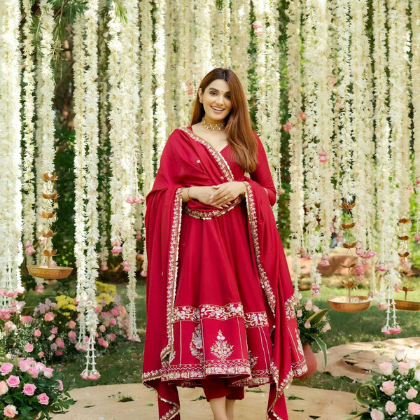 Yash Enterprise Red Roman Silk Embroidery Suit Set