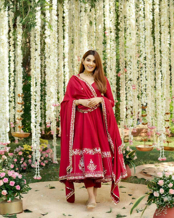 Yash Enterprise Red Roman Silk Embroidery Suit Set