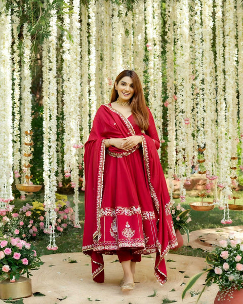 Yash Enterprise Red Roman Silk Embroidery Suit Set