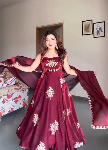 Yash Enterprise Maroon Fandy Silk Party Wear Embroidery Suit Set - Distacart