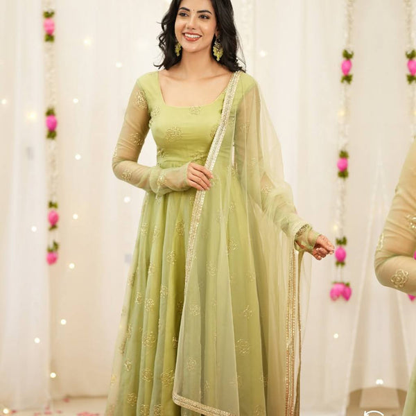 Yash Enterprise Light Green Soft Organza Party Wear Embroidery Suit Set - Distacart