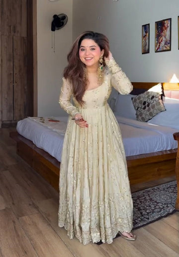 Yash Enterprise Cream Vichitra Silk Party Wear Embroidery Suit Set - Distacart