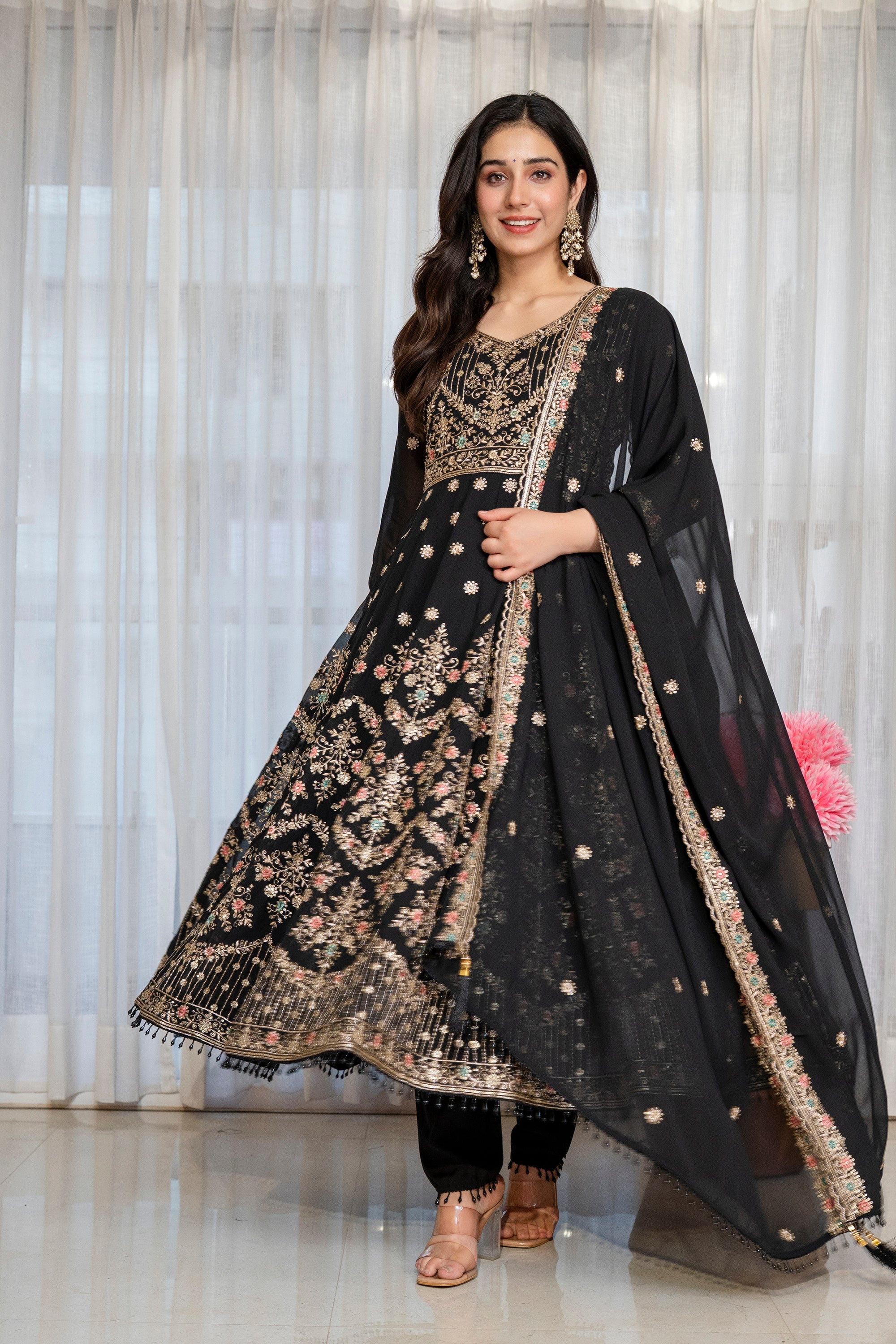 Yash Enterprise Black Georgette Party Wear Anarkali Suit Set - Dista
