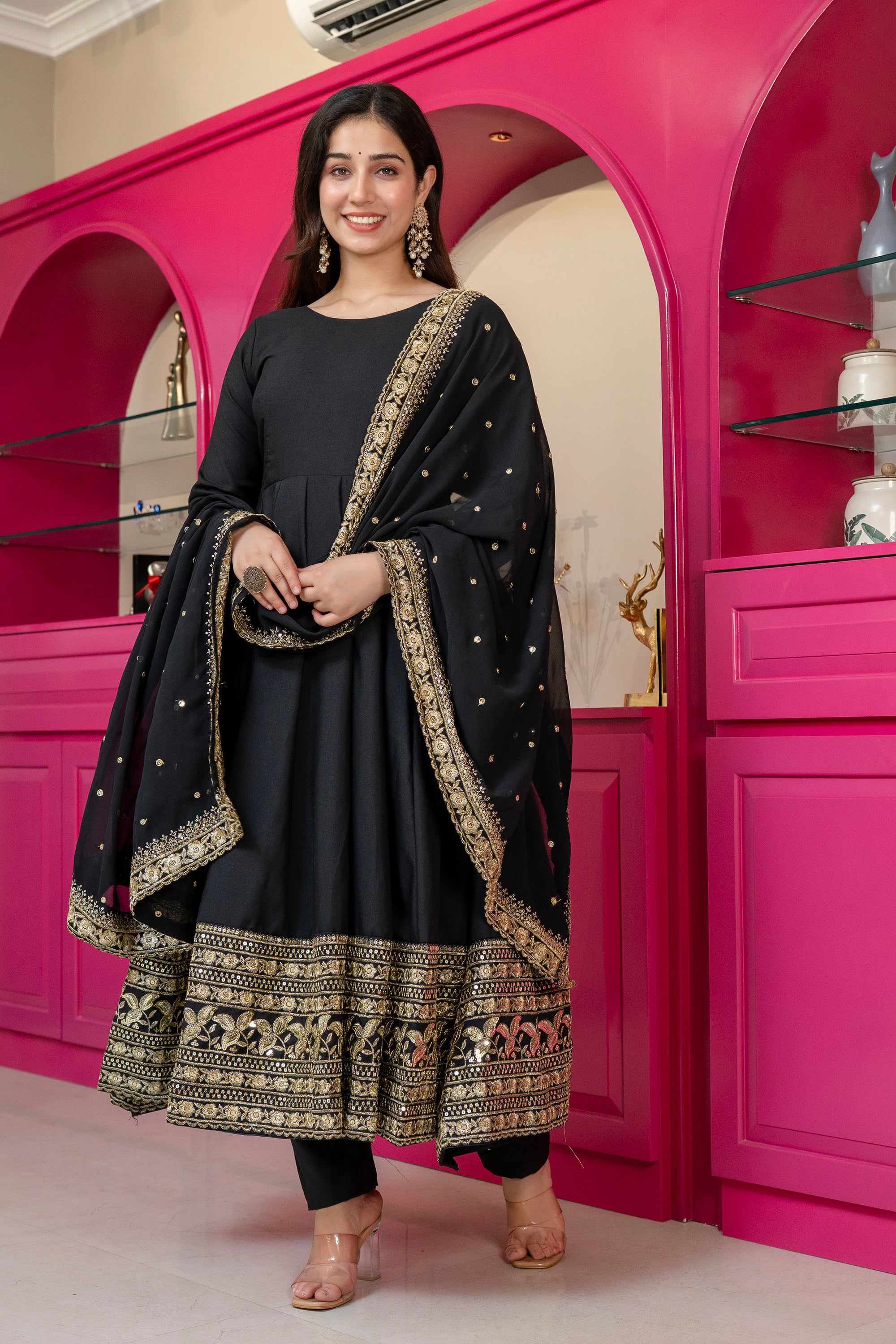 Yash Enterprise Black Rayon Party Wear Embroidery Suit Set - Dista