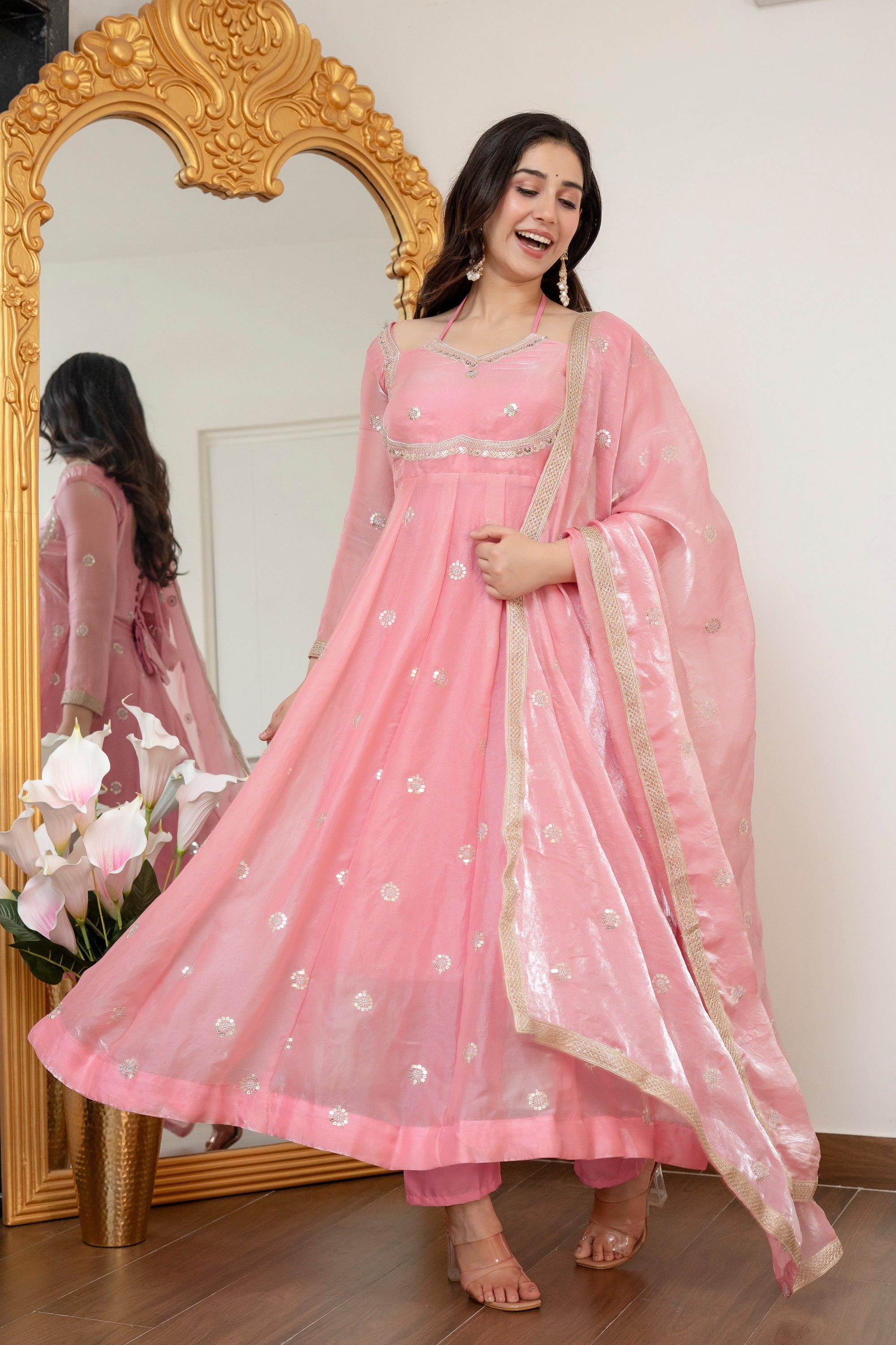 Yash Enterprise Peach Fandy Silk Party Wear Embroidery Suit Set - Dista