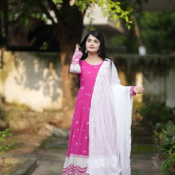 Yash Enterprise Pink Faux Georgette Embroidery Work Party Wear Suit Set - Distacart