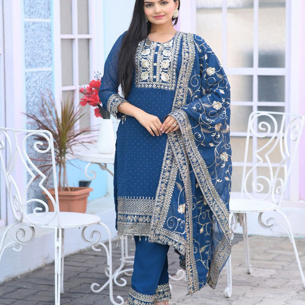 Yash Enterprise Alluring Fox Georgette Blue Embroidery Work Readymade Salwar Suit
