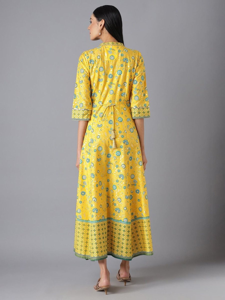 AURELIA Yellow & Green Ethnic Motifs Pure Cotton Maxi Dress