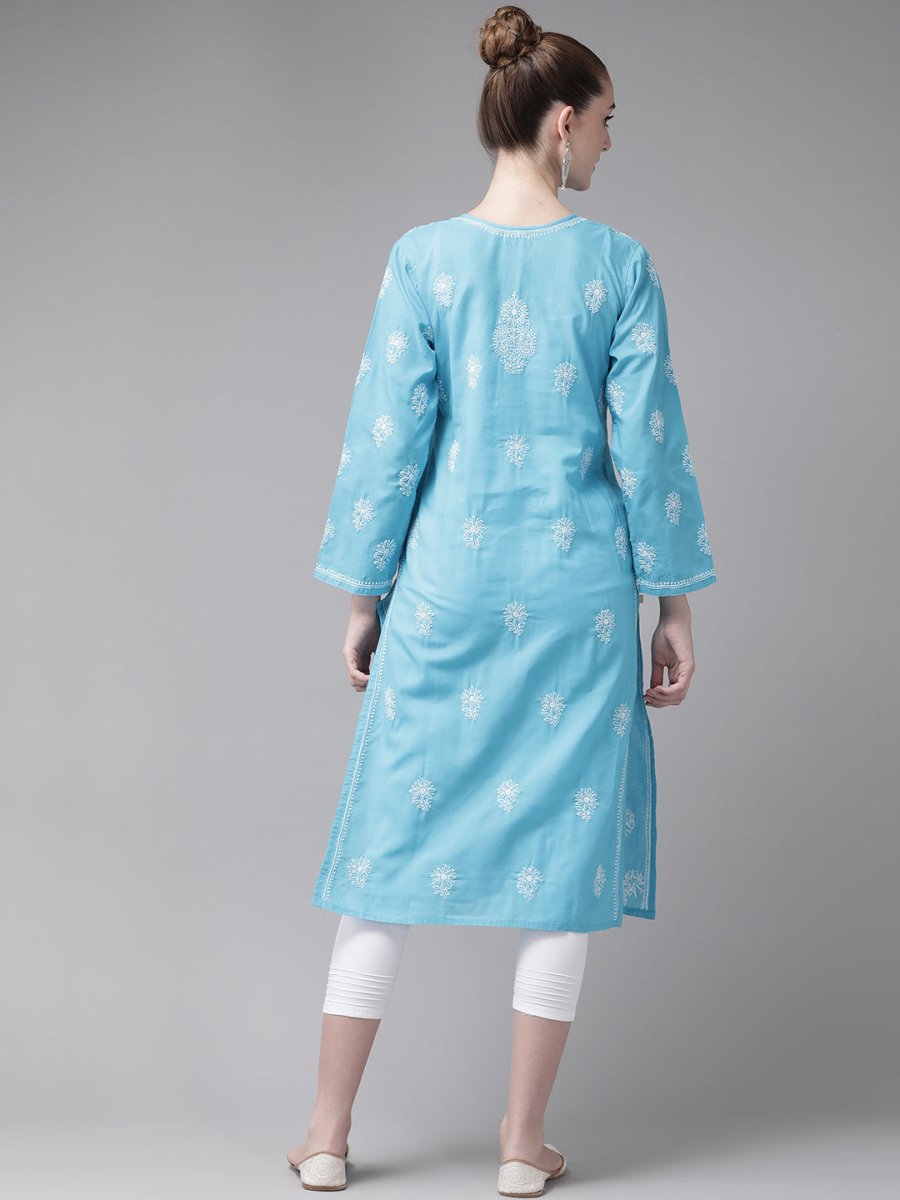 ADA Women Blue & White Pure Cotton Chikankari Embroidered Kurta with Trousers - Distacart