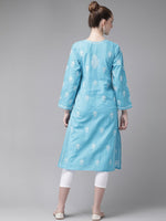 Thumbnail for ADA Women Blue & White Pure Cotton Chikankari Embroidered Kurta with Trousers - Distacart